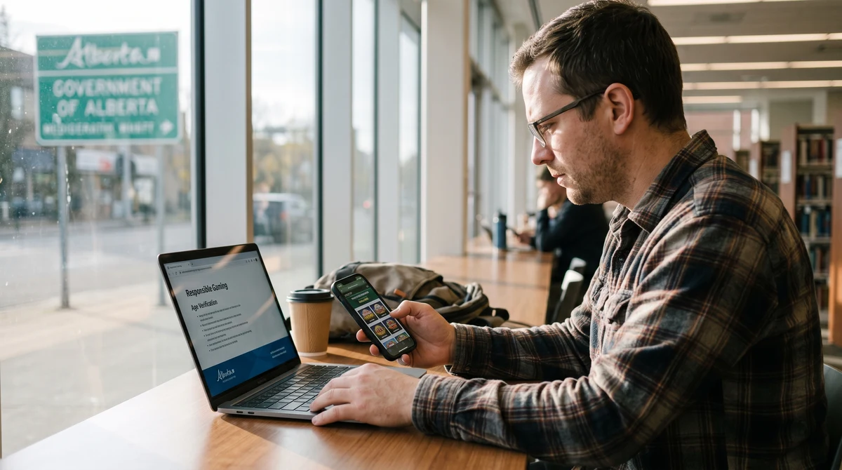 An adult reviews age verification and responsible gambling information on a regulated online gaming account in Alberta.