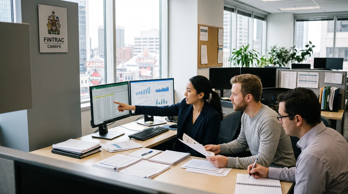 Compliance analysts reviewing financial records in a Canadian government office during a gaming-sector audit