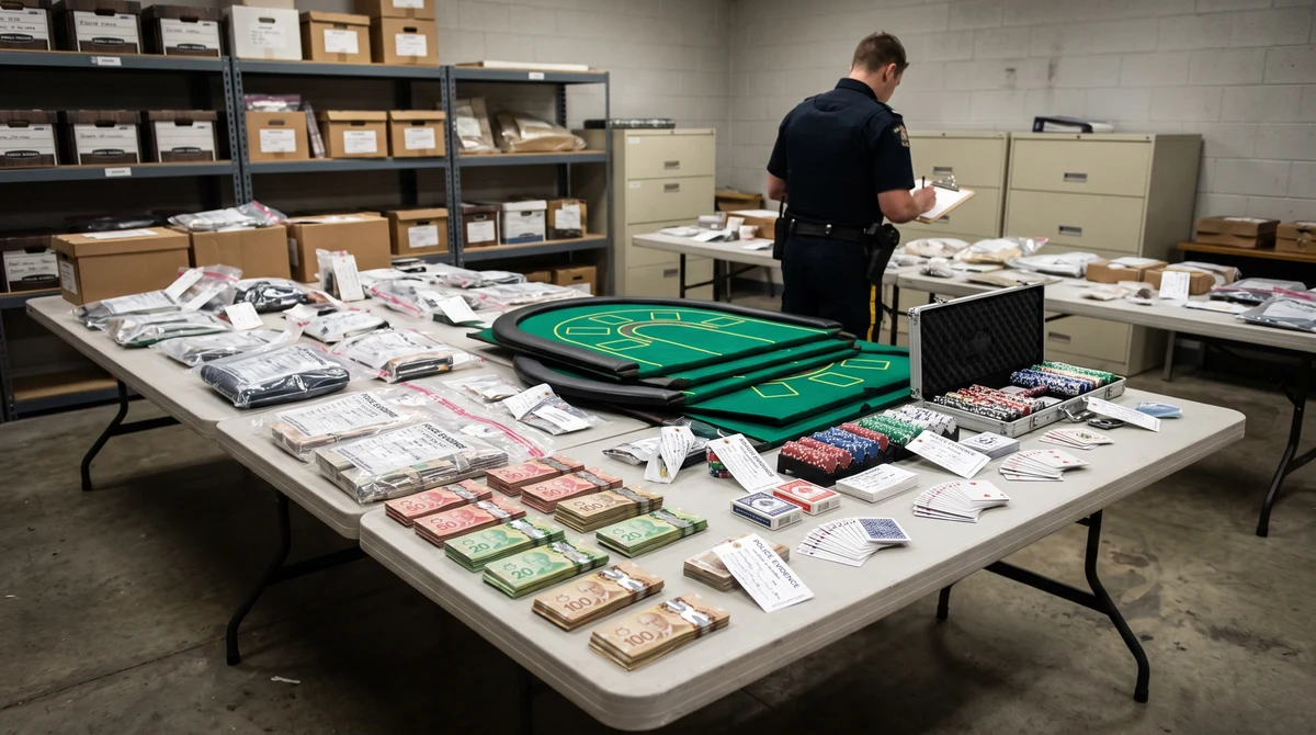 Police evidence display with gaming equipment, electronic devices and seized Canadian cash in British Columbia.