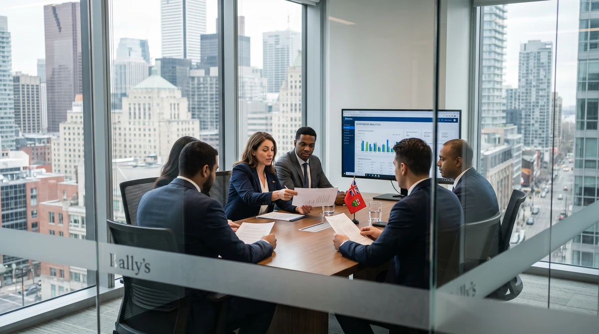 Finance executives reviewing documents during a gaming company leadership transition in Ontario