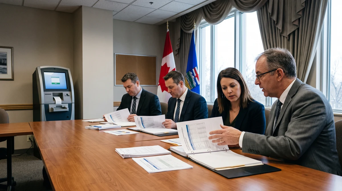 Officials review sports prediction-market and lottery regulation documents in a Canadian provincial government meeting room.