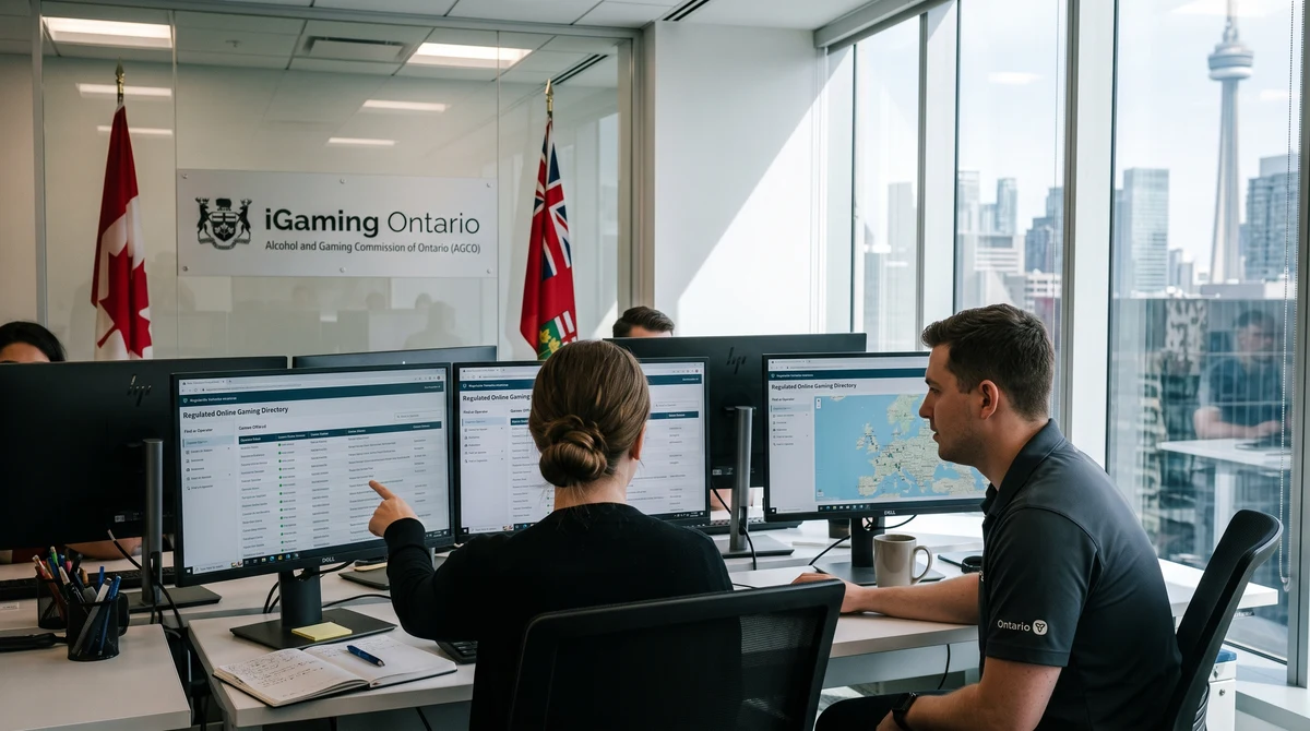 Analysts review a regulated Ontario online gaming directory in a modern office.