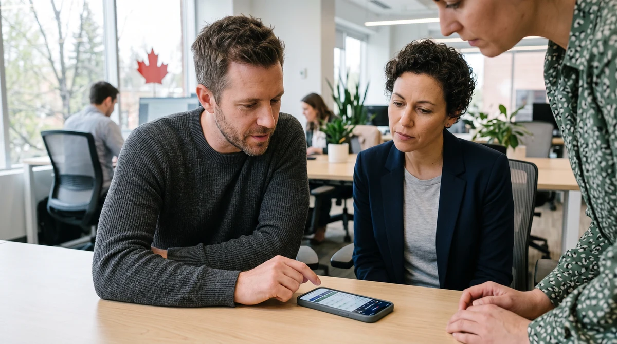 Adults reviewing a Fanatics casino app on a smartphone in a Canadian office