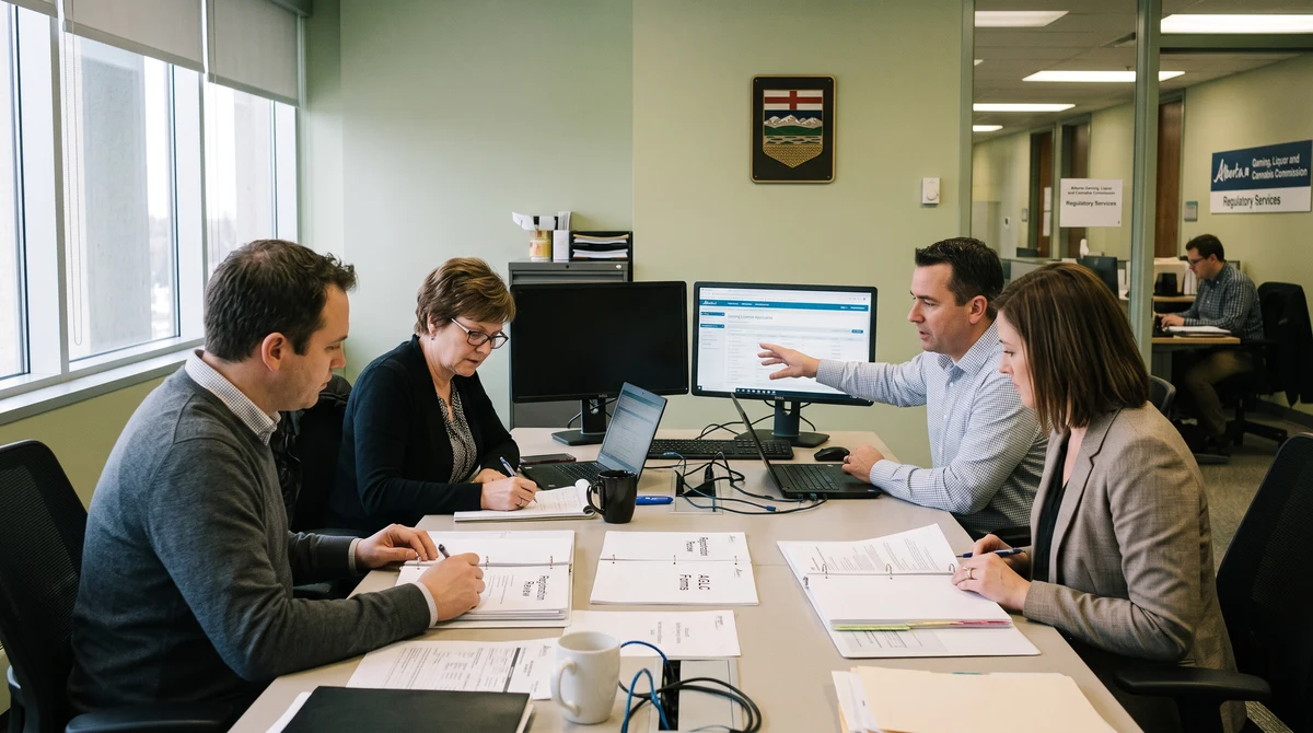 Professionals review online gaming registration documents in an Alberta regulatory office.