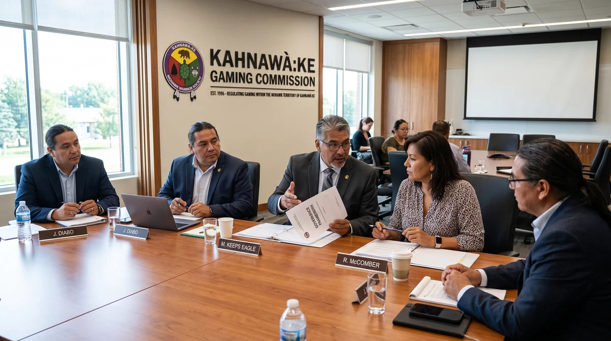 Officials reviewing governance documents at an Indigenous gaming regulator board meeting