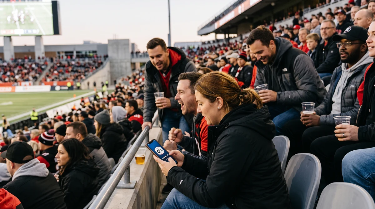 Canadian football fans watch a stadium game while a smartphone displays CFL and theScore Bet branding.
