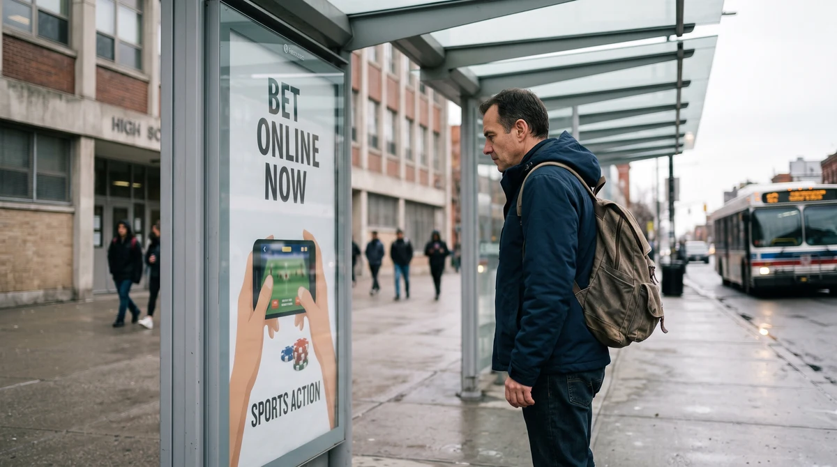 A generic gambling advertisement at a public transit shelter near an urban high school under review for compliance with advertising rules.