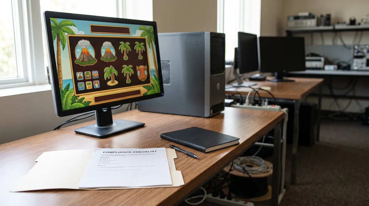 A slot-game monitor beside compliance documents in a casino technology testing room.