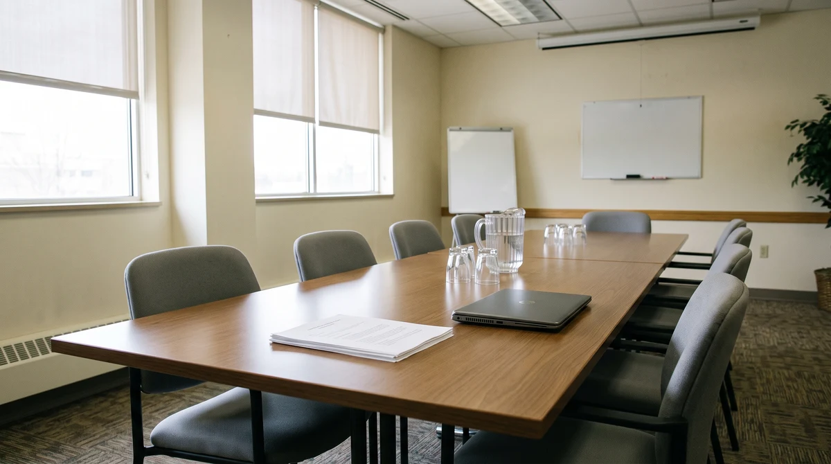 A public policy briefing room with documents and a laptop representing online gambling safeguards in Ontario and Alberta.