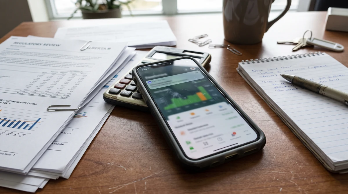 A smartphone beside financial statements and regulatory documents representing Alberta’s expanding online gambling market.