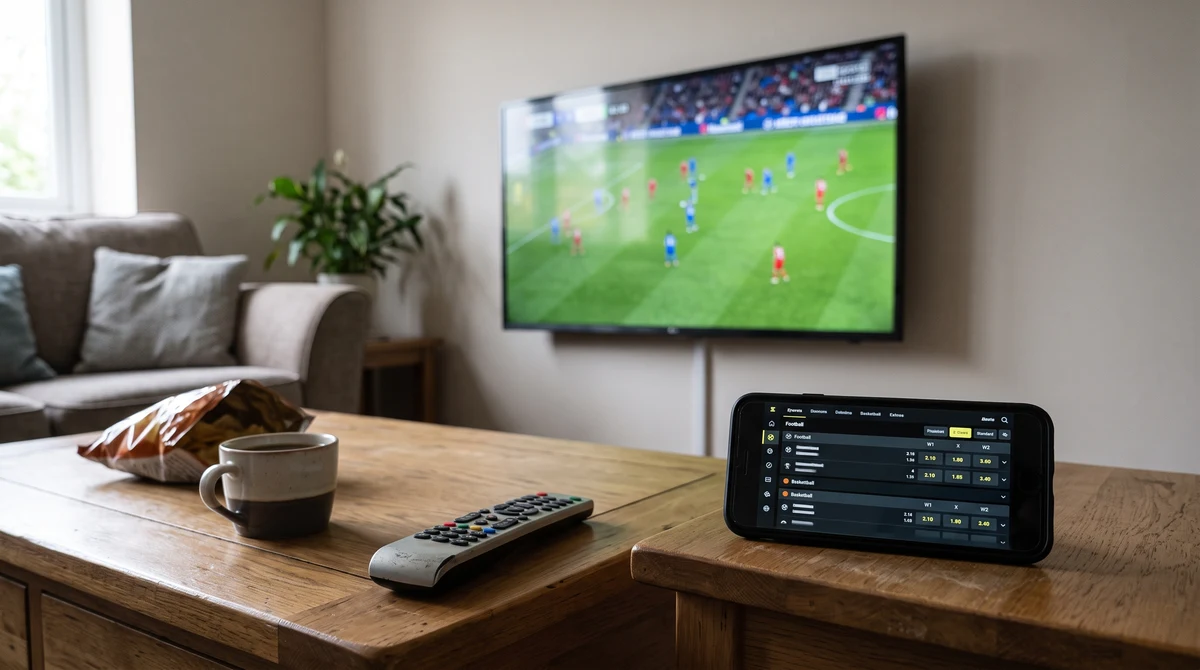 A television and smartphone arranged to represent a separate second-screen sports betting experience.