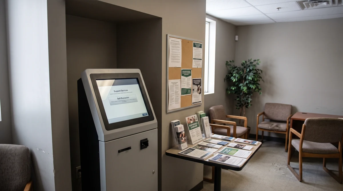 A self-exclusion and counselling-support kiosk in a quiet Ontario casino room.