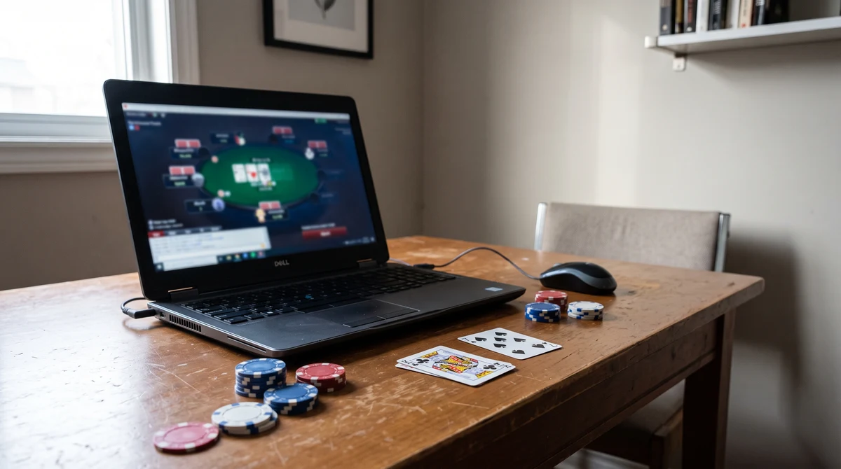 Poker chips and playing cards beside a laptop represent Ontario’s regulated online poker tournament market.