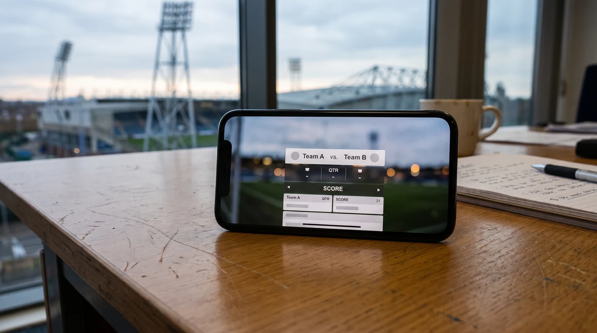 A smartphone showing a generic football score interface with blurred stadium lights in the background.