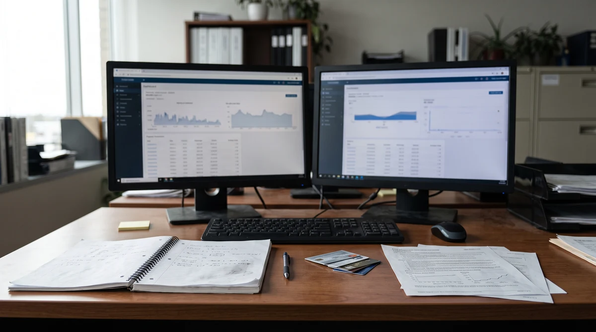 A compliance desk with blurred transaction charts and payment documents representing anti-money-laundering checks in Canada’s online gambling market.