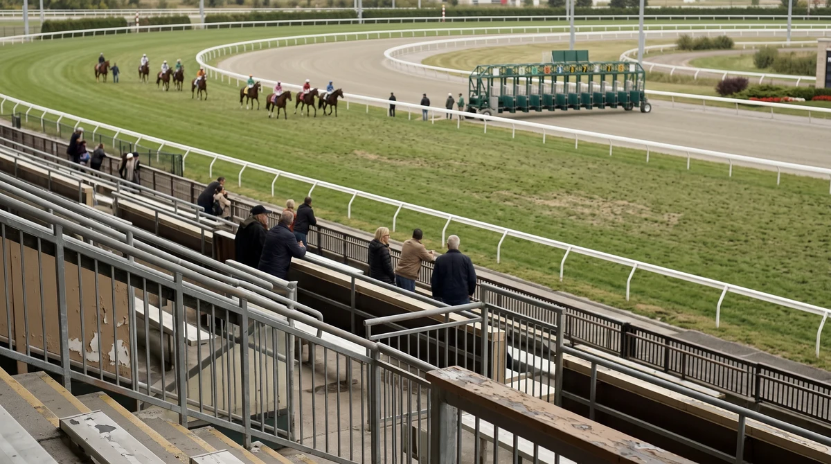 Thoroughbred horses on the turf course at Woodbine Racetrack in Toronto.