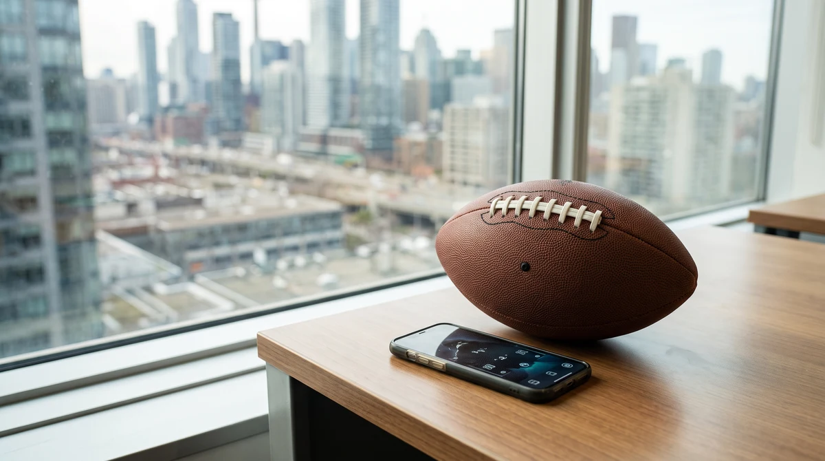 An American football beside a smartphone representing regulated online gaming competition in Alberta and Ontario.