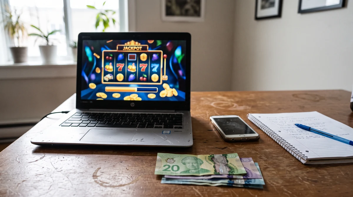 Laptop, smartphone and Canadian currency representing online progressive jackpots in Quebec.