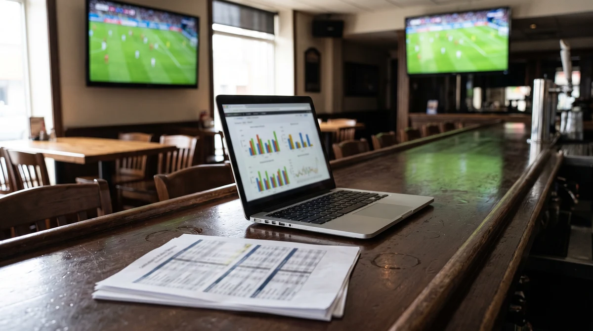 A sports bar with soccer broadcasts and an analytics laptop representing continued Canadian World Cup betting demand after the national team’s elimination.