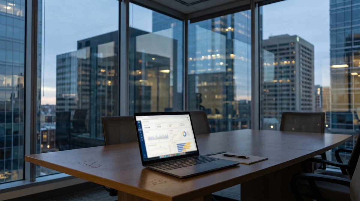 A laptop showing an abstract market dashboard in an Alberta office setting, representing the province’s regulated iGaming rollout.