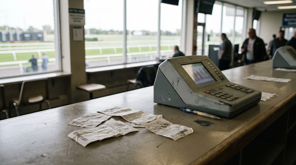 Betting slips and a wagering terminal overlook the turf course at a Toronto horse-racing venue.