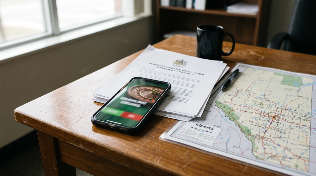 A smartphone showing a blurred gambling advertisement beside Alberta regulatory paperwork and a map.