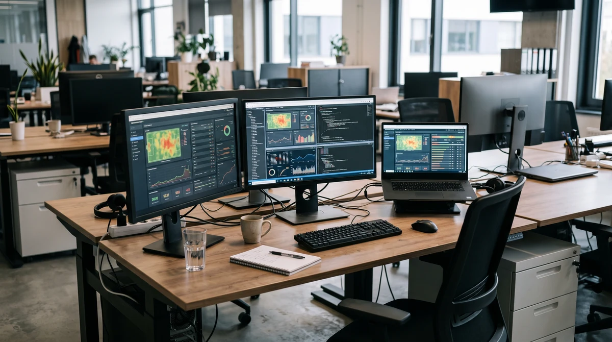 Empty sports data workstation with abstract statistics screens representing live betting technology services.