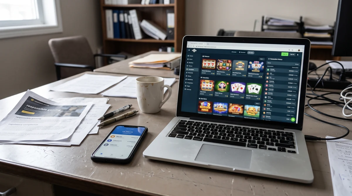 Laptop and smartphone beside payment and compliance materials representing risks linked to offshore online casinos.