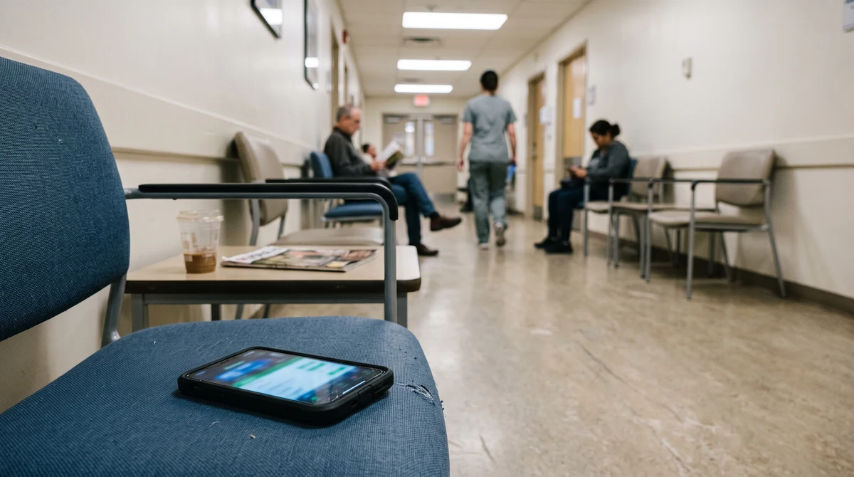 A smartphone with an abstract betting interface rests near a hospital emergency department corridor.
