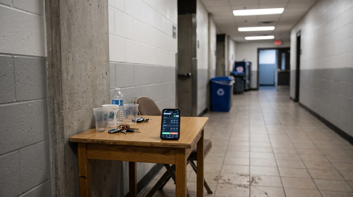 An empty sports arena corridor beside a smartphone showing an indistinct betting interface.
