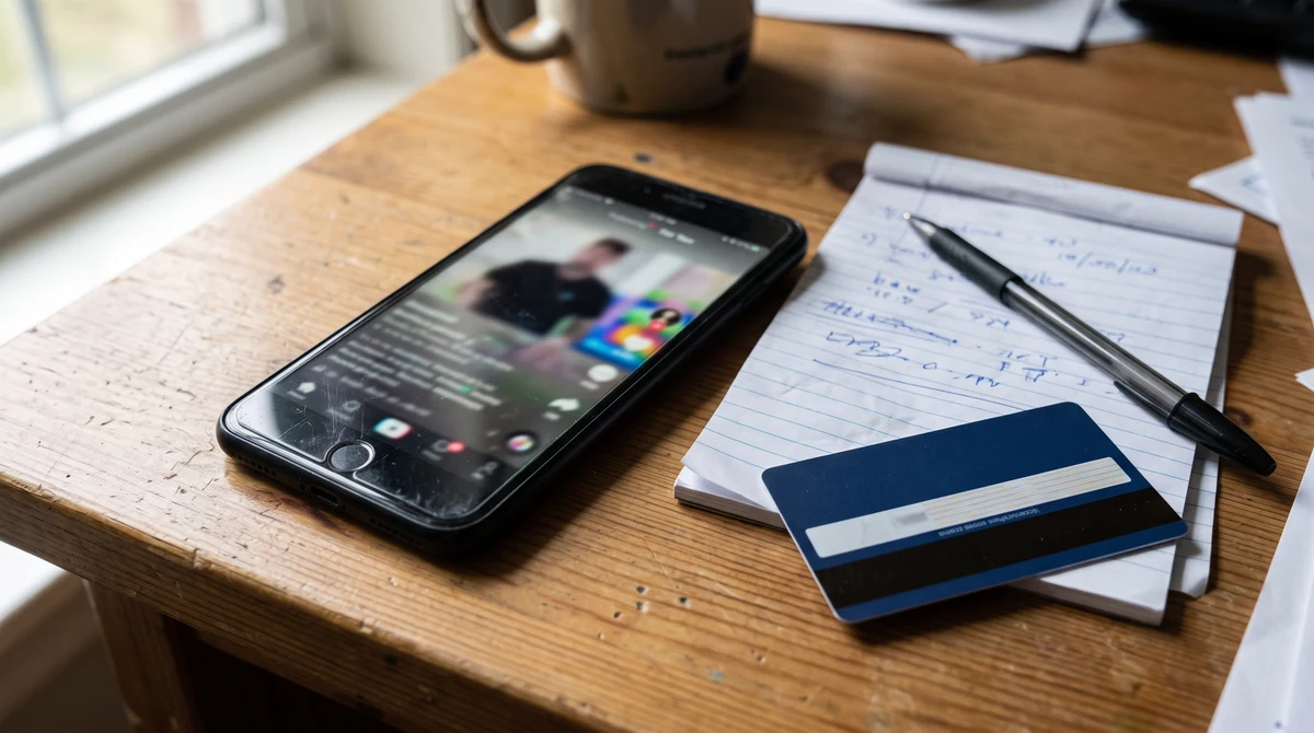 A smartphone displays a blurred gambling advertisement beside compliance notes and a payment card turned face down.