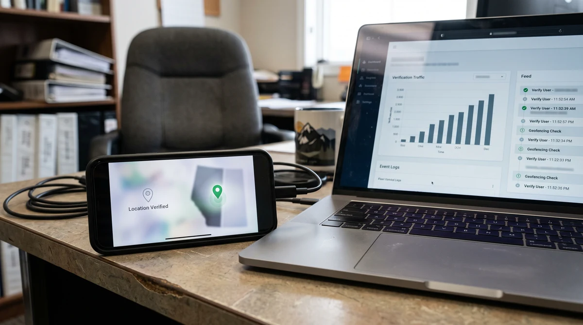 A smartphone and laptop show a location-verification interface for Alberta online gambling services.