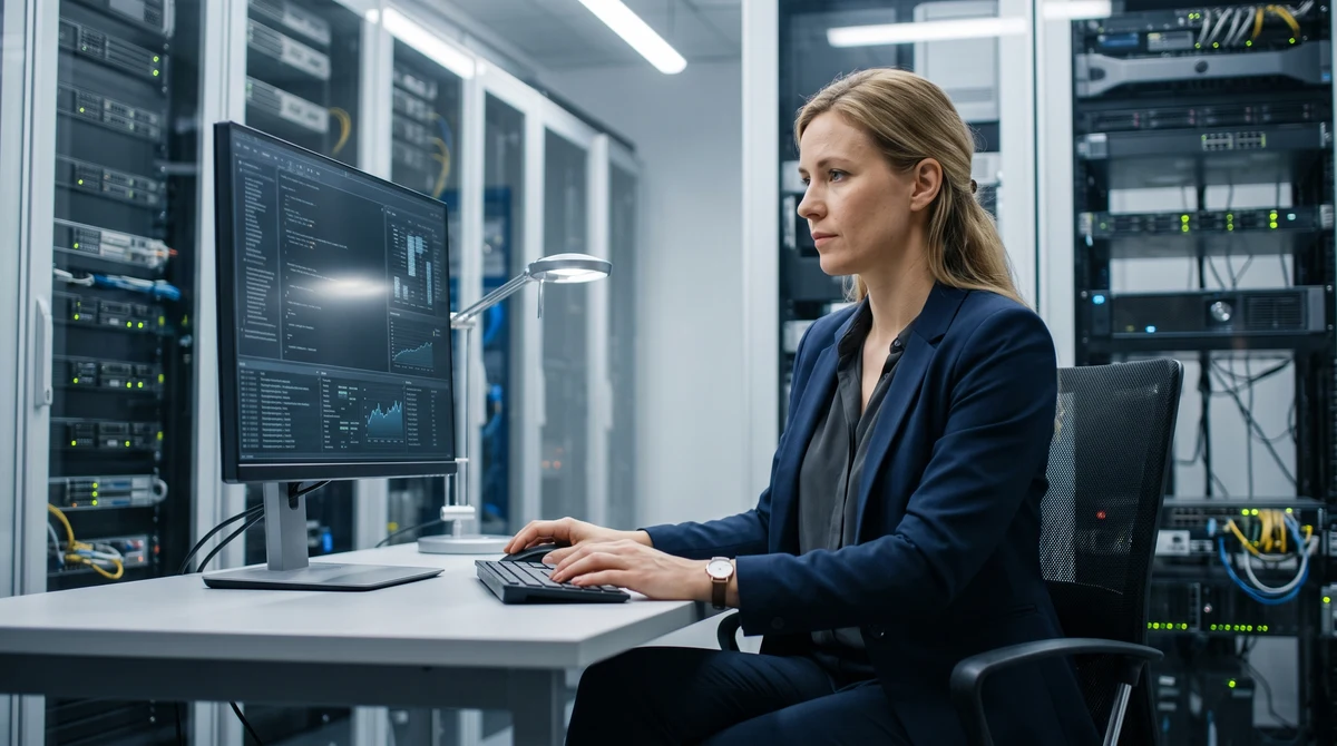 A compliance analyst reviews a regulatory dashboard beside server racks representing Alberta’s regulated iGaming technology infrastructure