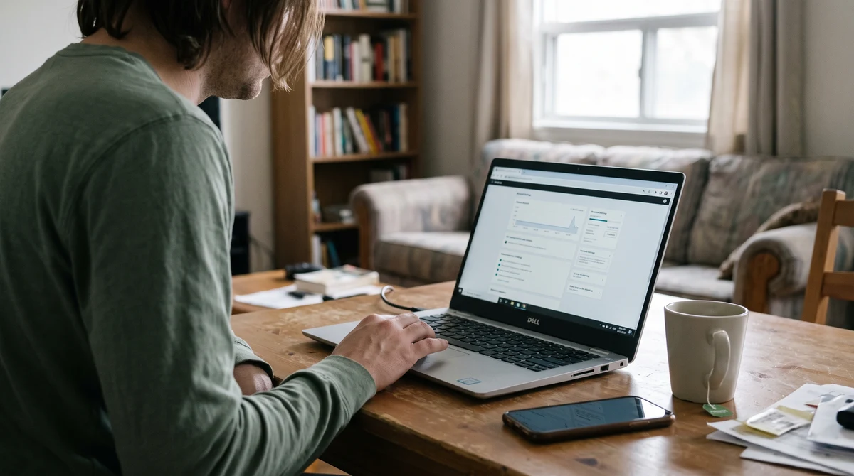 An adult reviews safer-gambling settings and financial limits on a laptop at home.