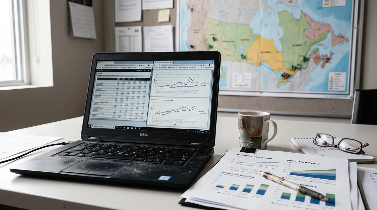 A desk displaying Canadian online-gambling market charts and provincial data analysis.