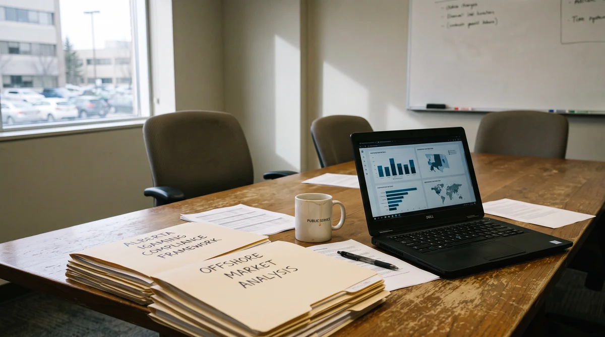 A regulatory briefing table with policy folders and a laptop representing Alberta’s regulated iGaming market.