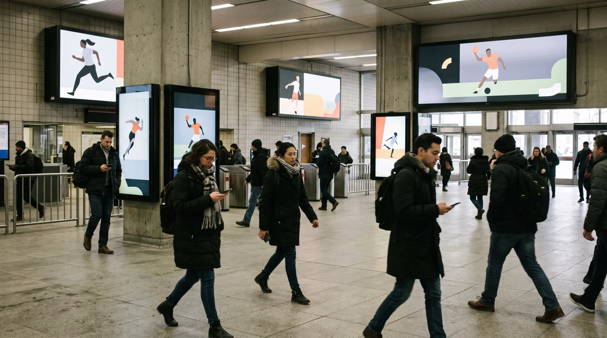 Unbranded digital advertising screens in a busy Toronto transit concourse as commuters pass through.