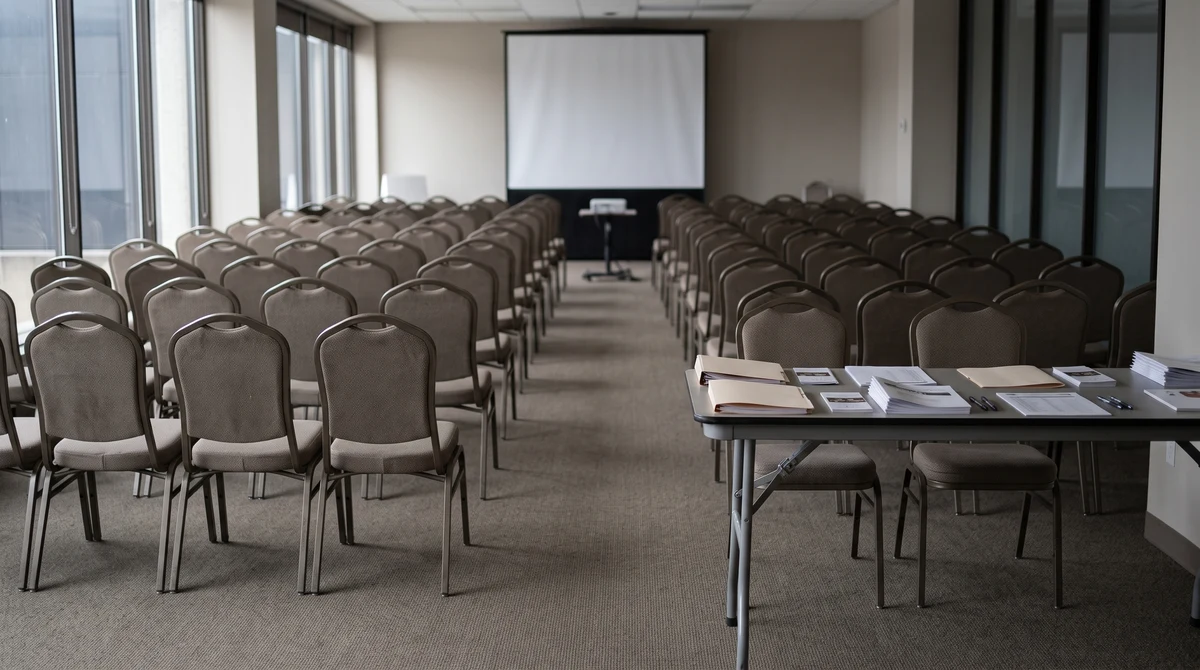 Conference room prepared for a responsible gambling policy symposium in Edmonton, Alberta.