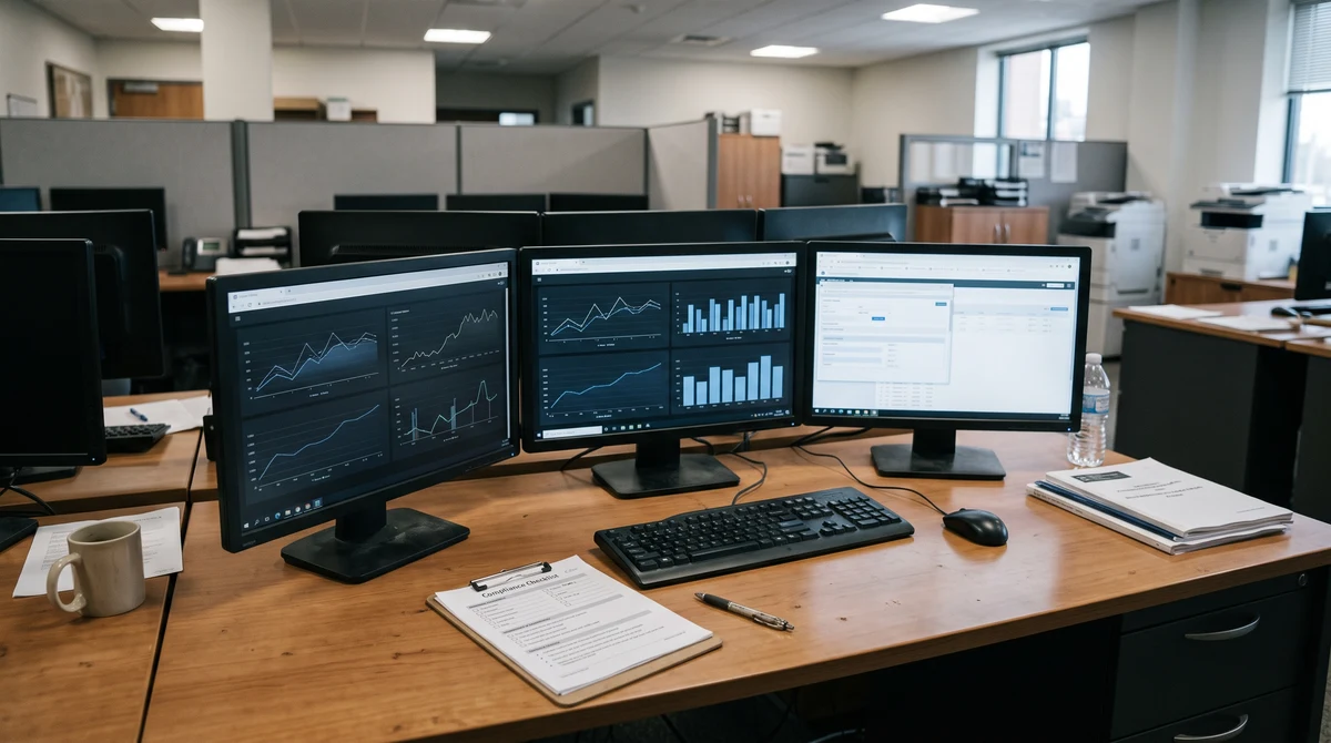 A sportsbook monitoring workstation displays abstract draft betting charts during an integrity review.