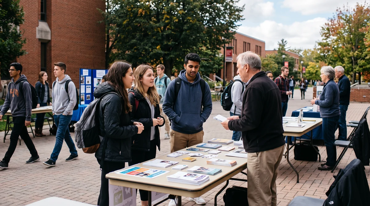 Adult students speak with peer educators at a university wellness information table in Ontario.