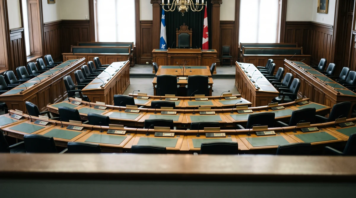 An empty Québec legislative chamber representing the debate over private online gambling and Loto-Québec’s future.
