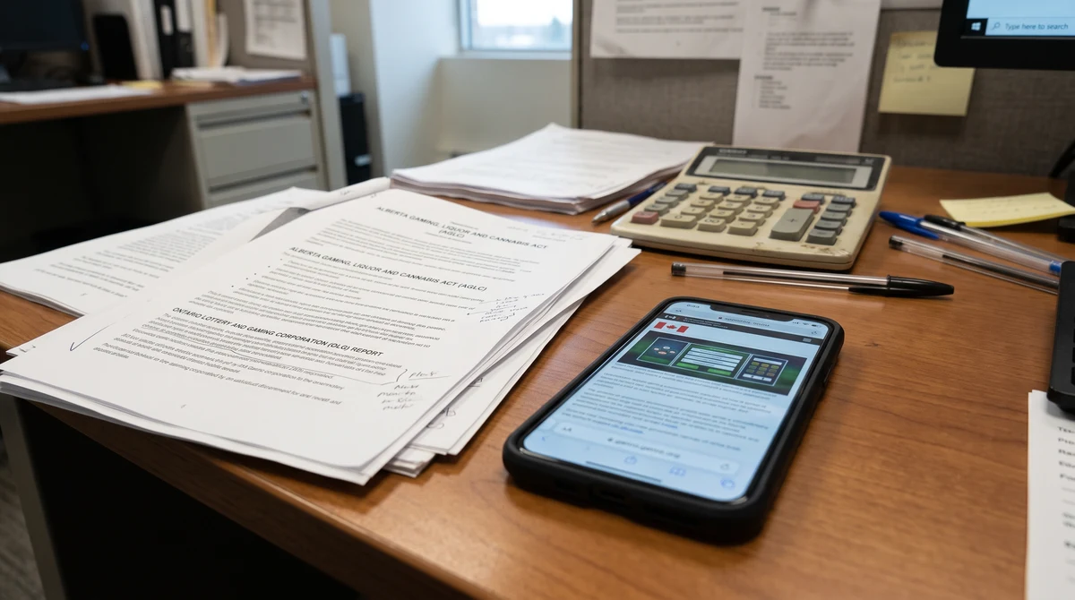 A smartphone displaying abstract gaming interfaces beside Canadian regulatory papers on an office desk.