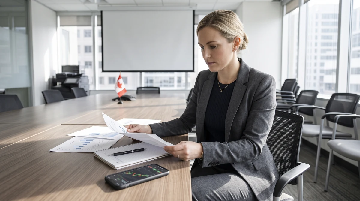 A financial analyst reviews policy papers beside a smartphone in a Canadian regulation briefing room.