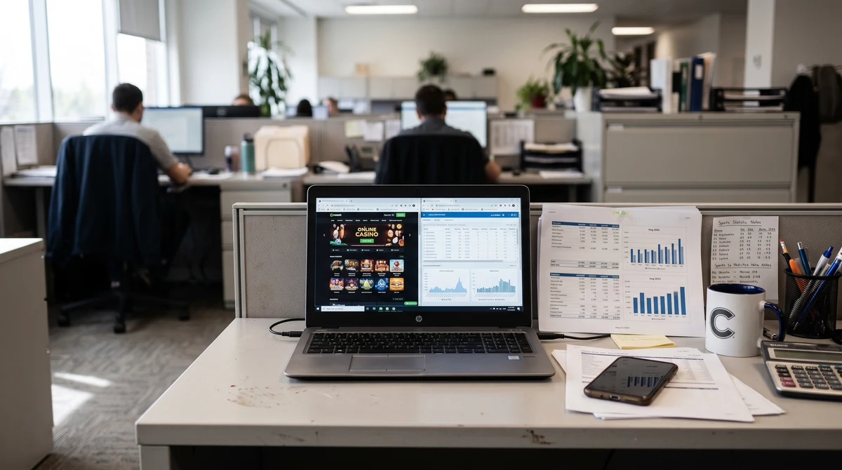 A workstation with a generic online gaming screen, sports notes, a calculator and financial charts.