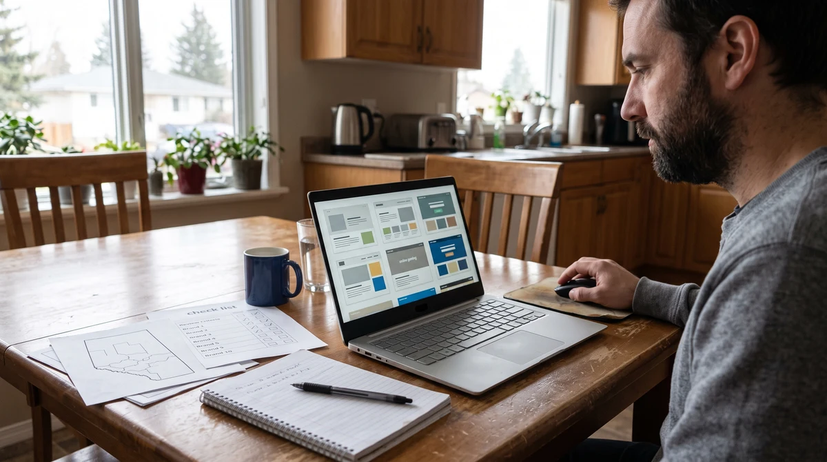 An adult consumer compares online gaming options beside a regulatory checklist and a map of Alberta.