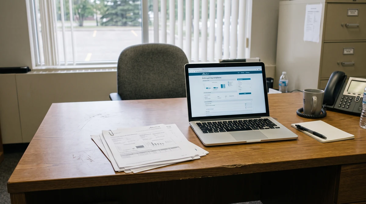 Regulatory papers and a laptop represent Alberta’s online gaming approval process.