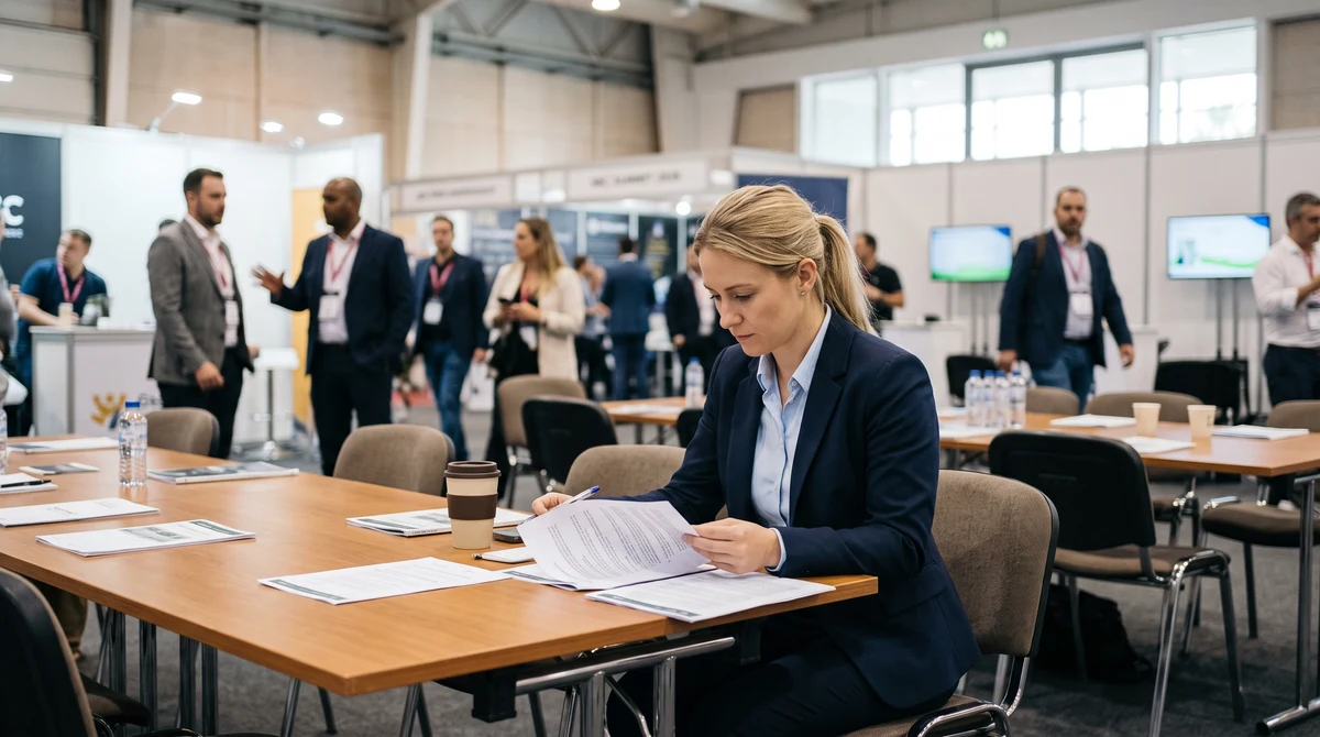 A conference attendee reviews compliance documents at a Lisbon gaming industry event.