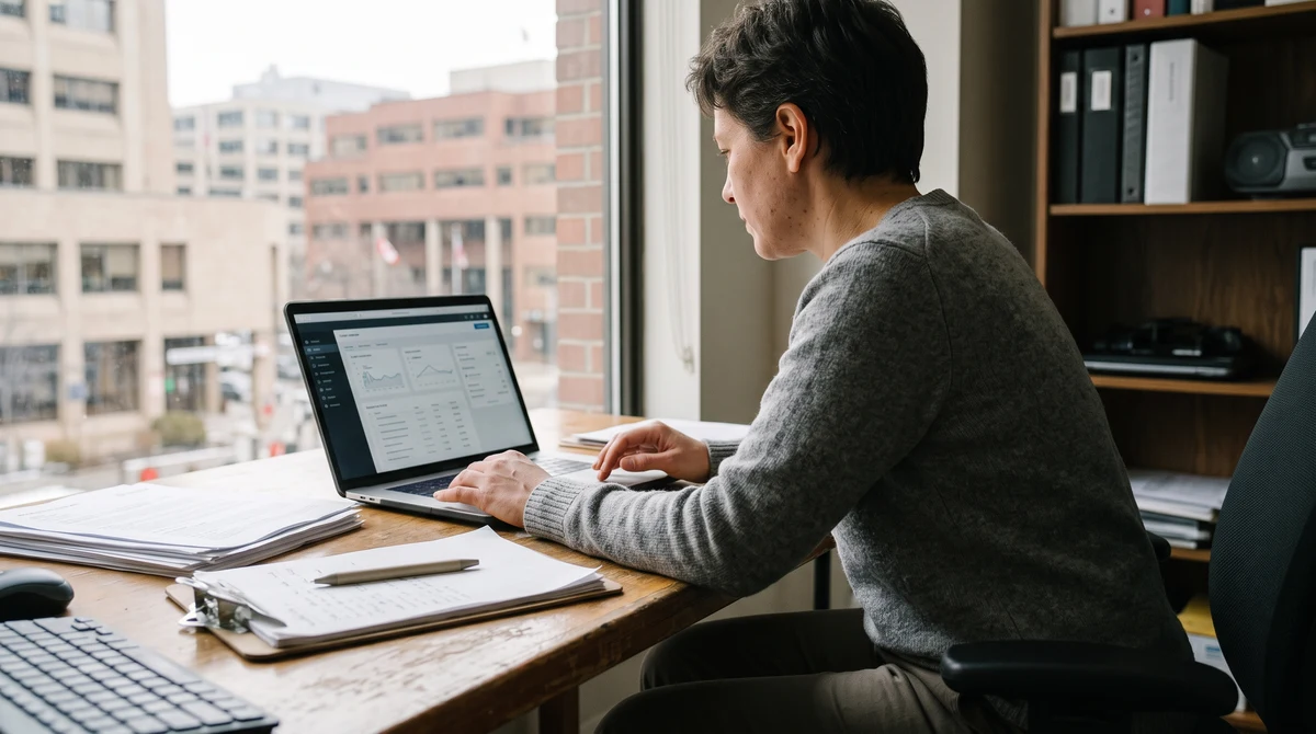 A compliance analyst reviews a generic event-contract interface at a desk, with a Canadian government district visible through the window.