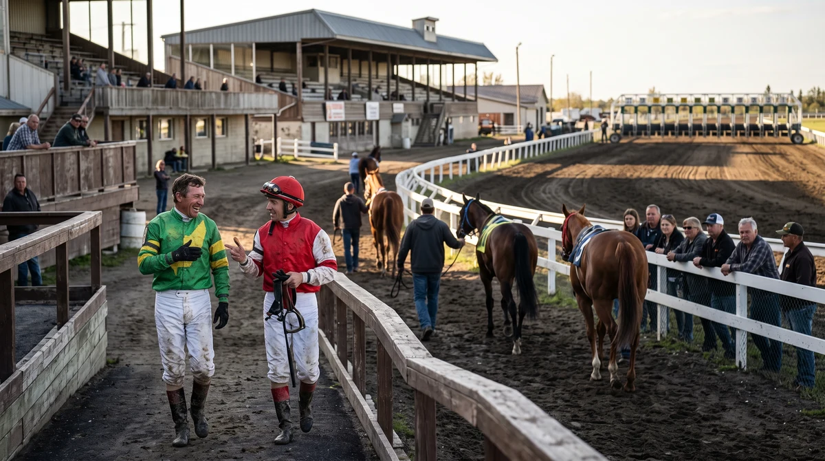 An Alberta racetrack and gaming facility with a grandstand, track and paddock fencing.