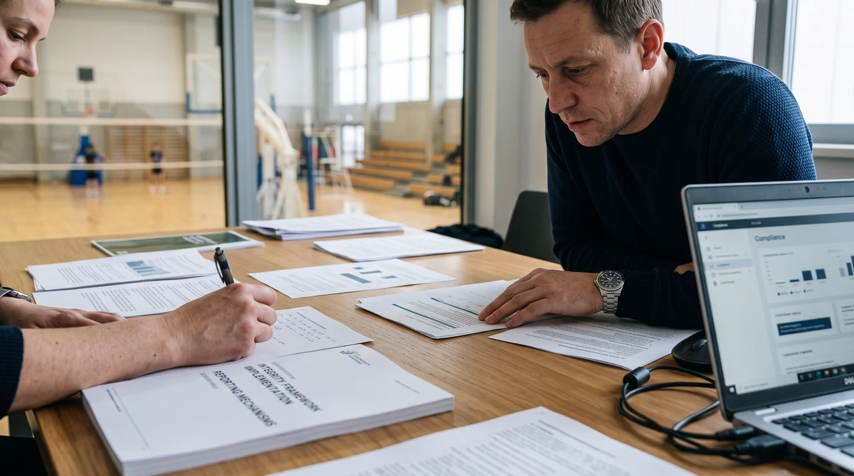 Sports integrity officials reviewing policy documents beside an abstract compliance screen in a Canadian training facility.